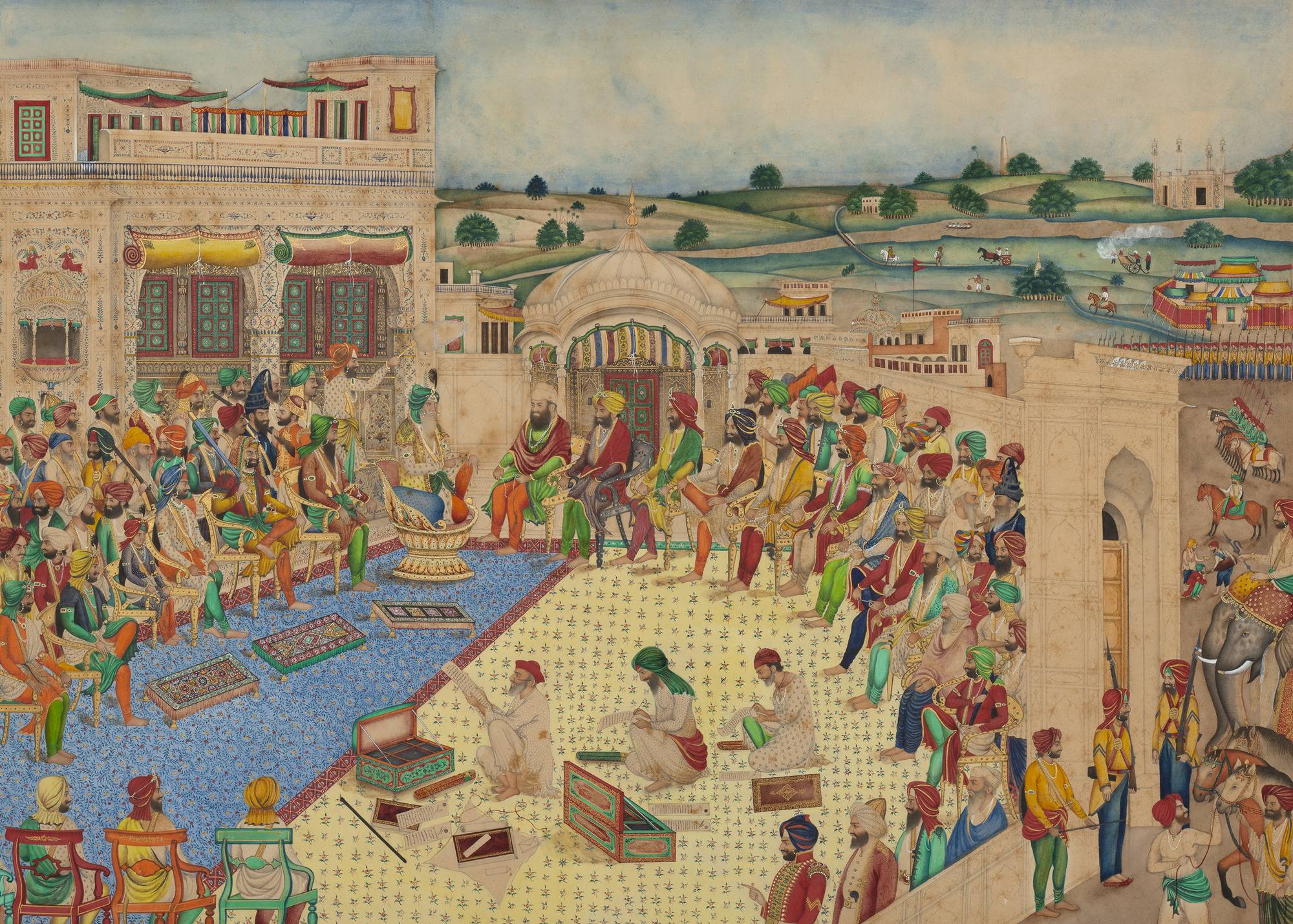 Bishan Singh’s painting of Maharaja Ranjit Singh’s court with seated courtiers and detailed architectural decoration