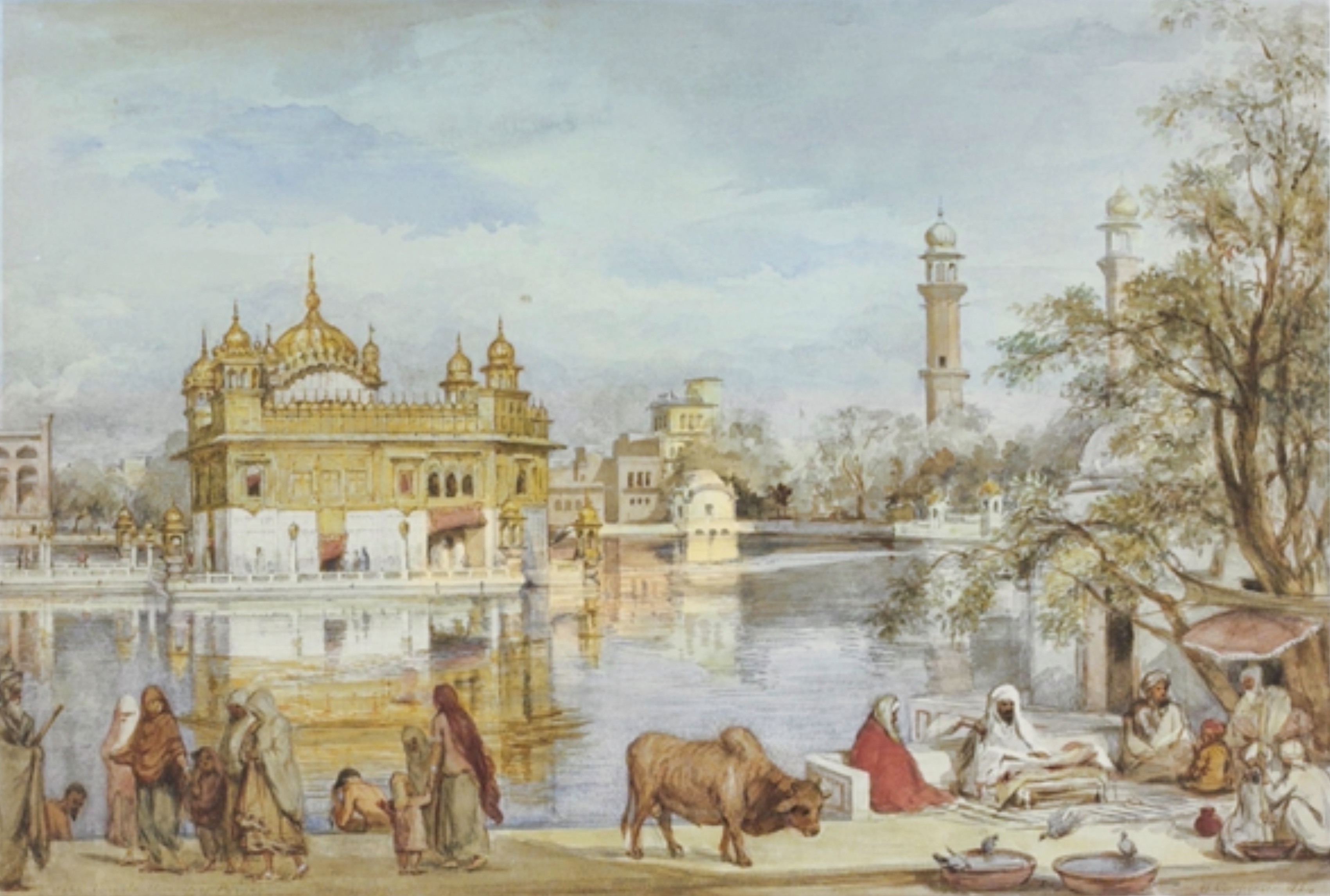 The Golden Temple in Amritsar, a watercolour by William Carpenter from 1854, displayed in monochrome
